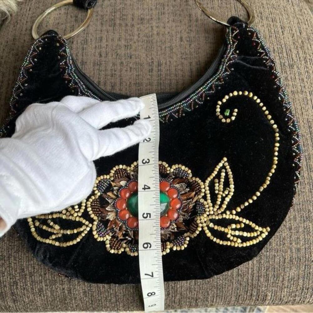 VINTAGE Boho Crescent Beaded Feather Embellished Hobo Shoulder Bag LIKE NEW - Picture 13 of 15